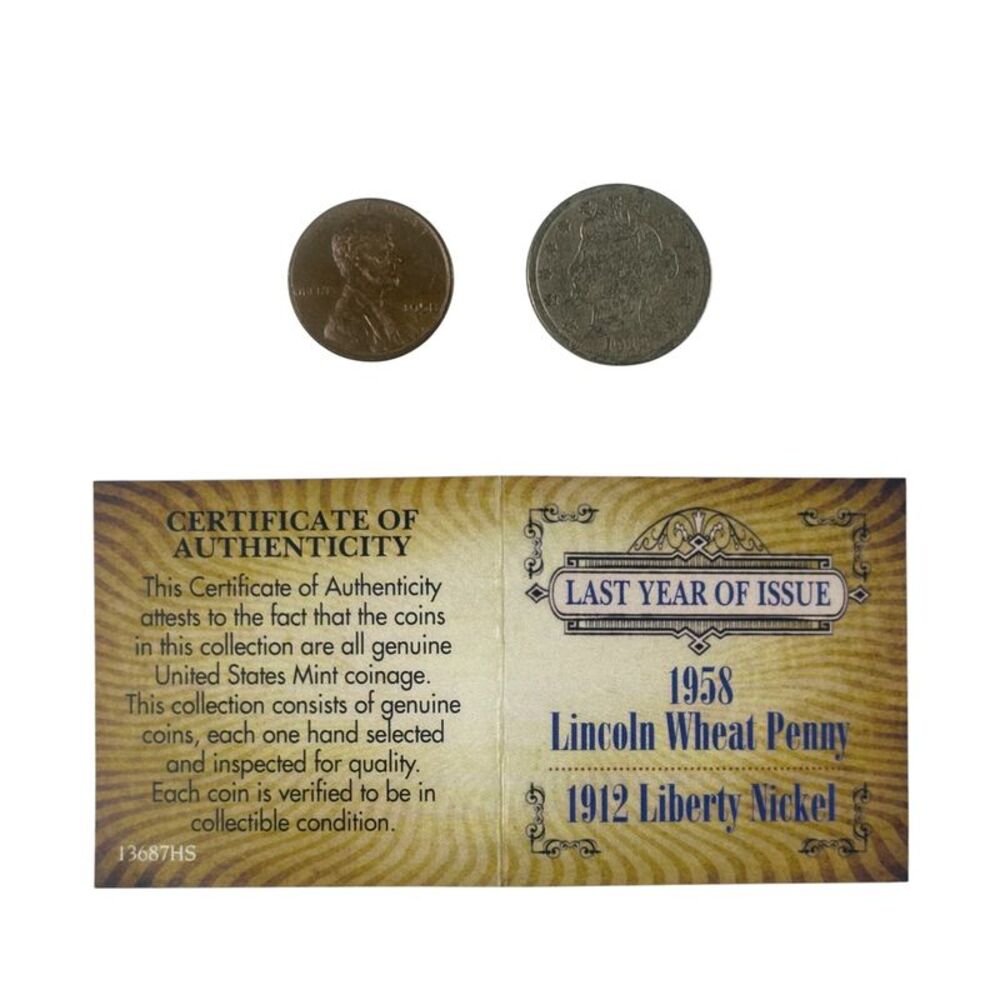 Last Year of Issue 1958 Lincoln Wheat Penny & 1912 Liberty Nickel Coins